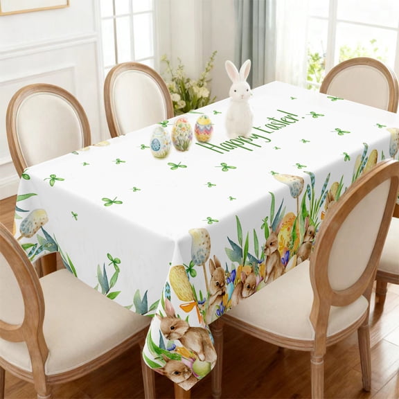 AURIGATE Easter Polyester Tablecloth, 70.08×55.12in Bunny Floral Design with "HAPPY EASTER" Text for Holiday Party, Dinner & Home Decor