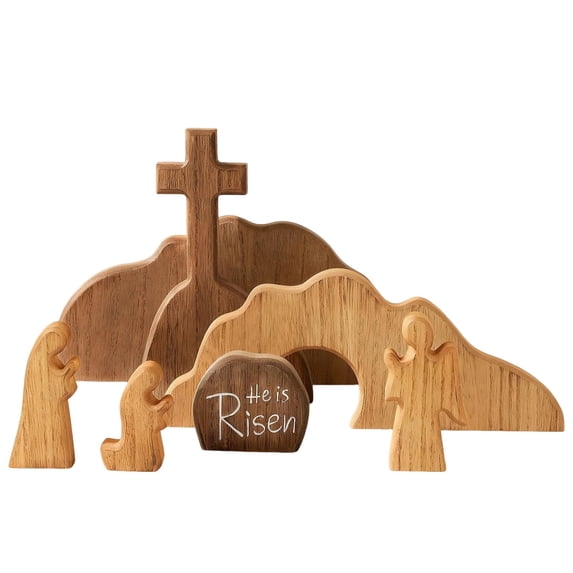 AURIGATE Easter Resurrection Scene Wooden Decor Set, "He is Risen" Tabletop Decor, Spring Easter Decor for Home, Party, Farmhouse