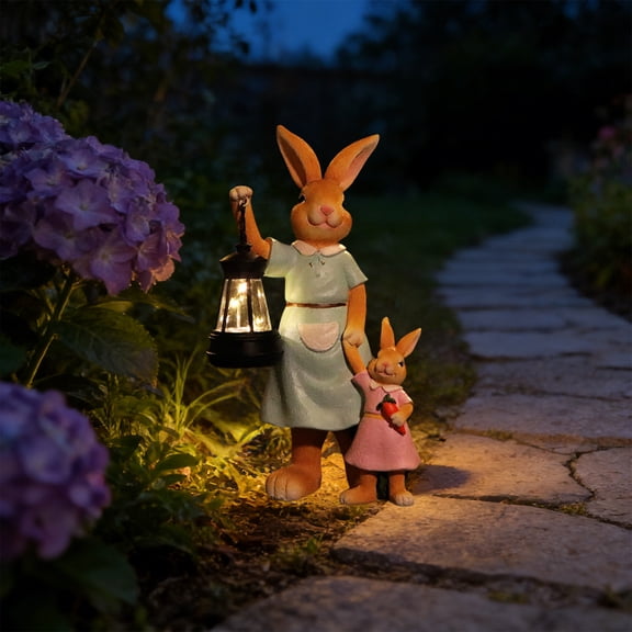 AURIGATE Easter Solar Lighted Resin Rabbit Family Statues, Lantern-Holding Bunny Garden Figurines, Festive Spring Outdoor Patio Decor