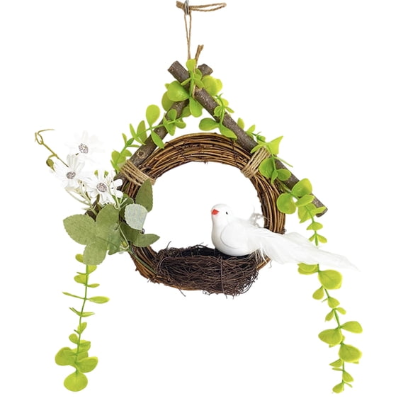 AURIGATE Easter Spring Bird & Squirrel Nest Hanging Decor, Plastic Nest Wreath with Bird, Squirrel, Floral & Pinecone Accents, Easter & Farmhouse Wall/Door Decor for Home, Porch