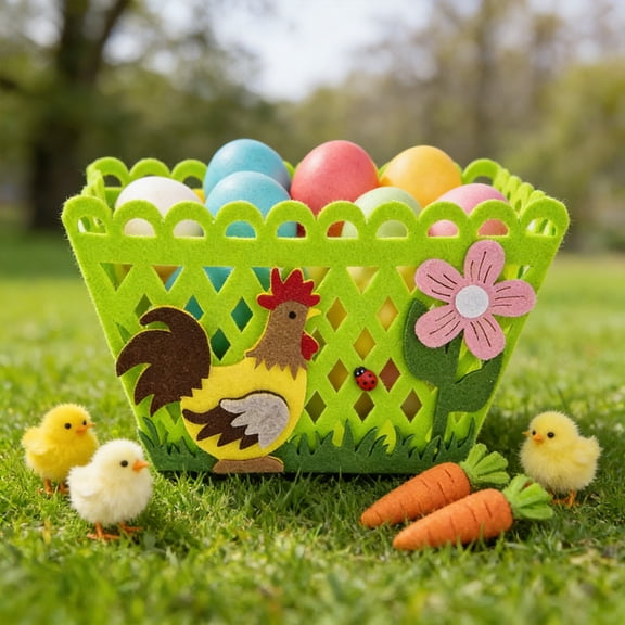 AURIGATE Easter Storage Basket, Rooster & Floral Pattern Hollow Desktop Organizer Bin, Spring Easter Treat Basket for Party, Home & Kitchen