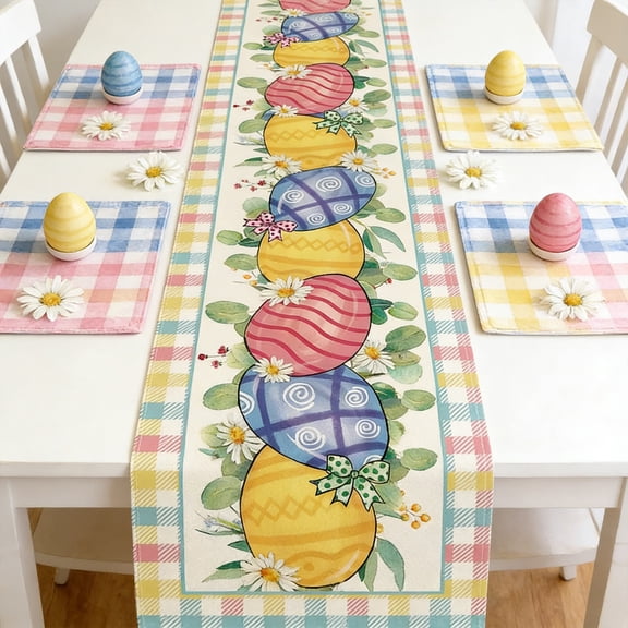 AURIGATE Easter Table Runner, Nylon Spandex Spring Table Runner with Easter Egg & Floral Print, 12.99×86.61in Festive Table Decor for Dining Table, Mantel & Easter Party