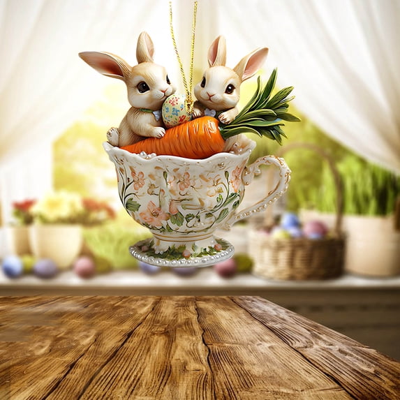 AURIGATE Easter Teacup Bunny Hanging Ornaments, Cute Rabbit in Teacup Decorative Accents, Spring Easter Tree Decorations for Home, Party, Window & Easter Gifts