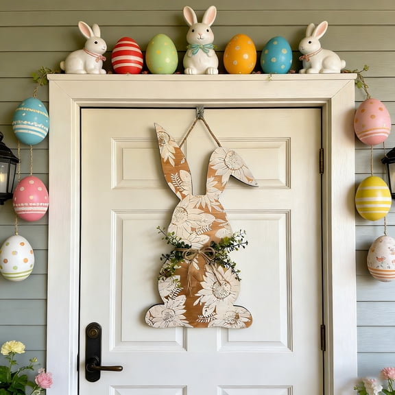 AURIGATE Easter Wooden Bunny Door Hanger, Rustic Sunflower Print Rabbit Door Sign with Greenery & Bow, Spring Easter Wall Decor for Front Door, Home, Farmhouse Decor