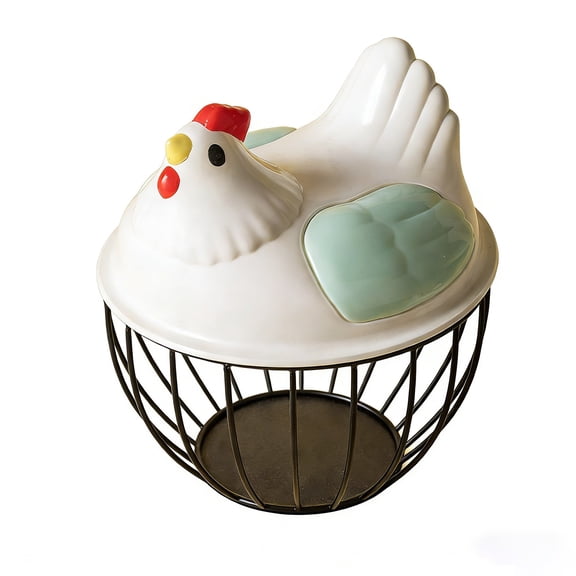 AURIGATE Farmhouse Hen Shaped Egg Storage Basket, 7.79x8.49in Iron Wire Fruit Vegetable Organizer with Ceramic Lid for Kitchen Home Decor