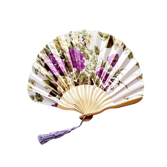 AURIGATE Floral Fabric Folding Hand Fan, 9.06x11.42in Wooden Bamboo Handheld Fan for Wedding, Party, Home Decor