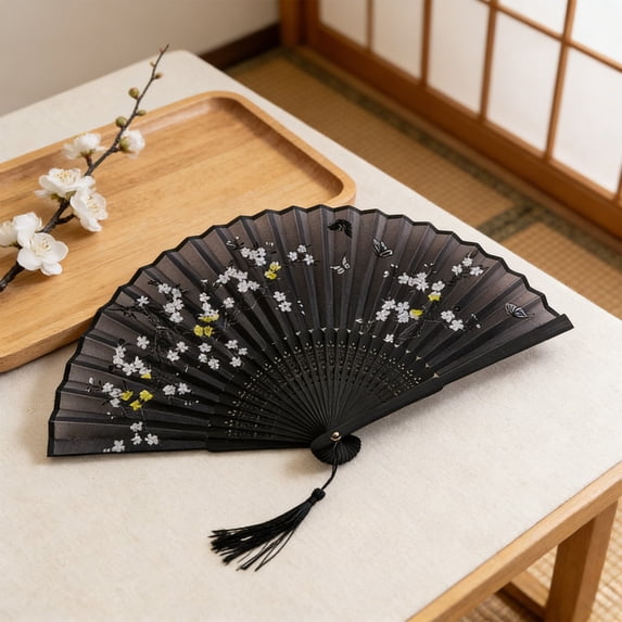 AURIGATE Folding Hand Fan,Bamboo Frame Silk Fabric Chinese Style Vintage Floral Handheld Foldable Fan with Tassel for Hanfu Cosplay Stage Performance Wedding Party Home Decor Summer Cooling