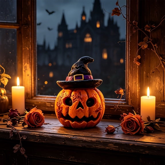 AURIGATE Halloween Resin Jack-O-Lantern Figurine with Witch Hat, 2.36x3.15 in Orange Pumpkin Statue for Tabletop Shelf Spooky Holiday Decor