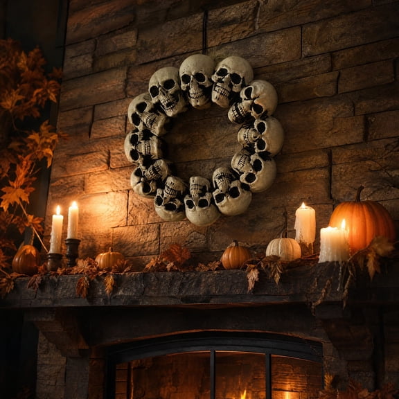 AURIGATE Halloween Skeleton Door Ring Decor 15.7 inch, White Plastic Skull Wreath Hanging Ornament, Spooky Wall Decor for Haunted House Party, Creepy Gothic Home Accent
