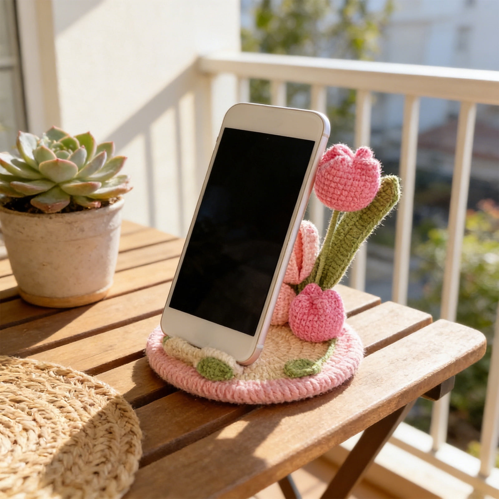 AURIGATE Handmade Crochet Tulip Flower Phone Stand, 5.12 Inch Cotton Cute Floral Phone Holder for Desk Home Office Decor