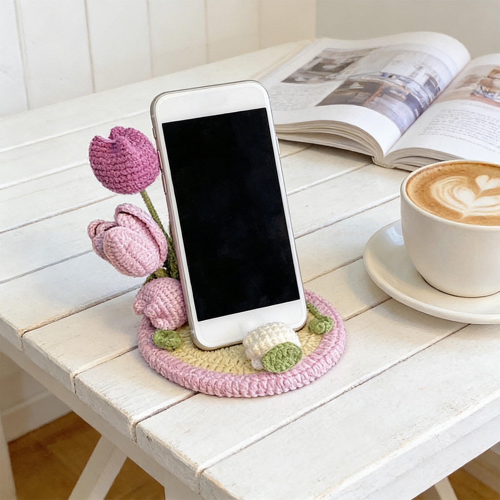 AURIGATE Handmade Crochet Tulip Flower Phone Stand, 5.12 Inch Cotton Cute Floral Phone Holder for Desk Home Office Decor