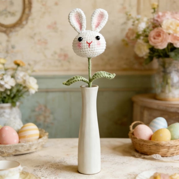 AURIGATE Handmade Knitting Cotton Easter Bunny Flower 17.7in Crochet Rabbit Stem Decor for Home Vase Arrangement Spring Easter Party Decor Gift