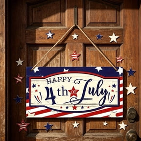 AURIGATE Happy 4th of July Hanging Sign, Wooden Patriotic Star Lines USA Flag Plank Door Decor for Independence Day Wall Porch