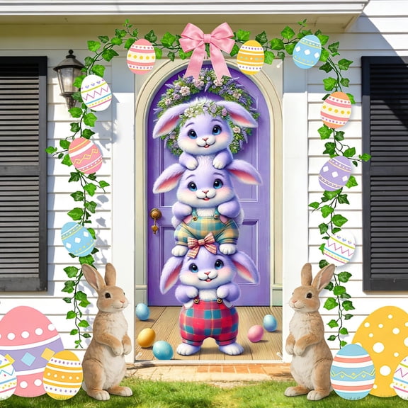 AURIGATE Happy Easter Door Curtain - Bunny & Egg Polyester Porch Decor for Spring Holiday, 71x35in
