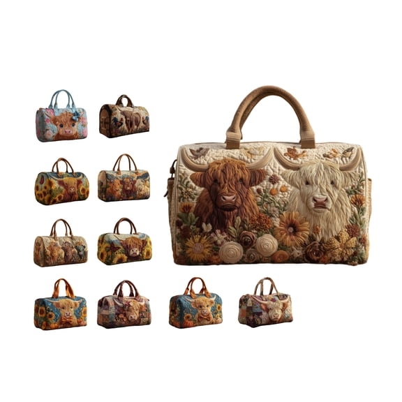 AURIGATE Highland Cow Quilted Cloth Duffle Bag, Large Capacity Vintage Farm Animal Print Handheld Weekender Bag, Overnight Carry Bag for Gym, Camping, Outdoor Travel & Daily Use