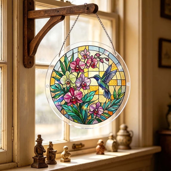 AURIGATE Hummingbird Acrylic Suncatcher, Stained Glass Style Window Hanging Decor with Chain, 5 Designs Optional