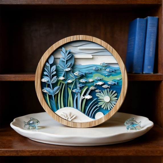 AURIGATE Layered Coastal Wood Wall Art, Underwater Scene Round Tabletop & Hanging Decor, Beach Bathroom Living Room Decor