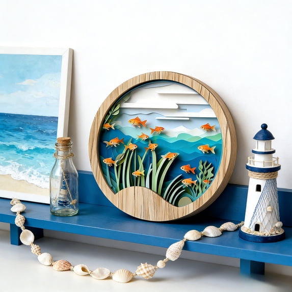 AURIGATE Layered Coastal Wood Wall Art, Underwater Scene Round Tabletop & Hanging Decor, Beach Bathroom Living Room Decor