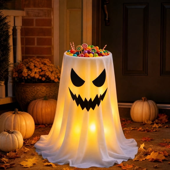 AURIGATE Light Up Ghost Candy Bowl Decor 13.77 inch, White Cloth LED Glowing Ghost Tabletop Candy Dispenser with Scary Face, Spooky Halloween Treat Holder for Front Door Party