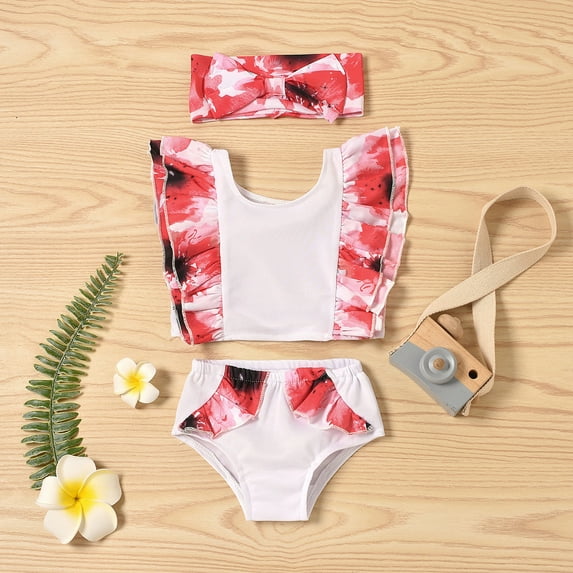 AURIGATE Little Girls Swimsuits Toddler Baby Girls Floral Swimwear Ruffle SwimSuit Bathing Suit Beach Wear Set