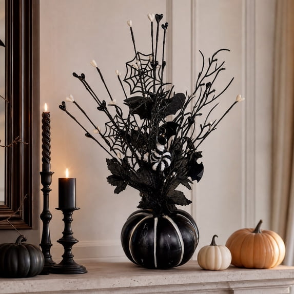 AURIGATE Mini Halloween Tree, Black Gothic Tabletop Pumpkin Tree with Bat for Home Mantel Decor