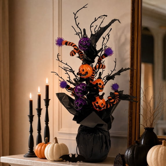 AURIGATE Mini Halloween Tree, Black Gothic Tabletop Spiderweb Tree with Glitter Skull for Home Mantel Decor