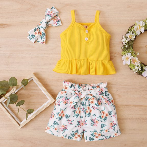 AURIGATE Newborn Infant Baby Girls Solid Ribbed Tops Flower Print Shorts  Headband Sets Clearance