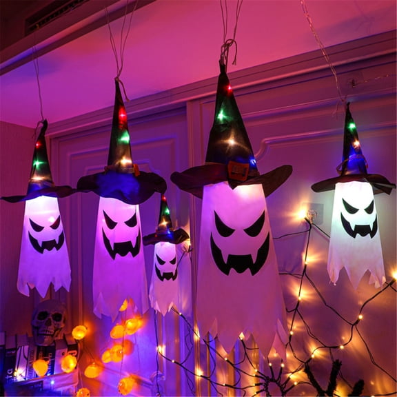AURIGATE Outdoor Halloween Decorations Ghost Hat Lights, 8 Flashing Modes Lighted Halloween Scary Hanging Ghost String Lights Battery Operated with Remote for Halloween Yard Porch Tree Door Decor