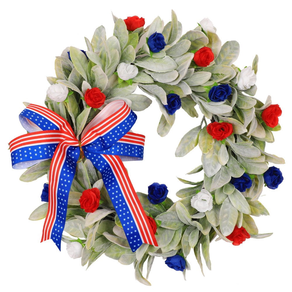 AURIGATE Patriotic Rose & Lambs Ear Wreath, Red White Blue Floral ...