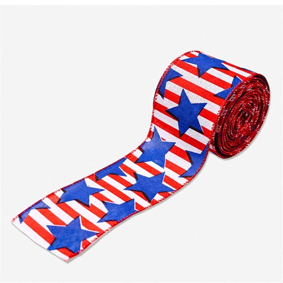 AURIGATE Patriotic Wired Edge Ribbons 2.5" 10 Yards, White Red Blue Wired Ribbon Patriotic Star Fabric Craft Ribbon American Patriotic Ribbon for Holiday Party DIY Memorial Day Decoration Wreaths Bow