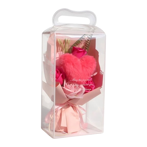 AURIGATE Pink Knitted Flower Bouquet with Clear Gift Box, 5.51x4.13x10.24in Handmade Knitting Cotton Floral Arrangement for Mother's Day Home Decor Gift