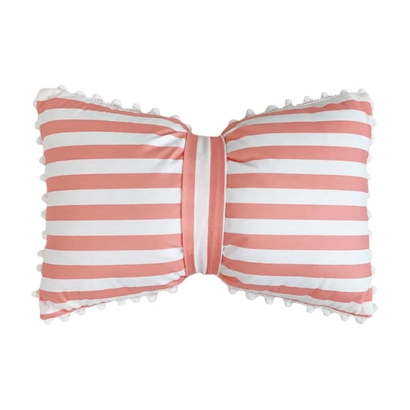 AURIGATE Pink Striped Bow Shaped Throw Pillow with Pom Pom Trim 19.69x12.99in Nylon Spandex Decorative Pillow for Sofa