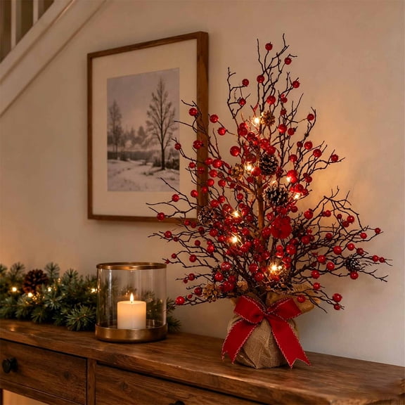 AURIGATE Red Berry Tabletop Christmas Tree 25.59 in with Warm LED Lights for Mantel Window Holiday Decor