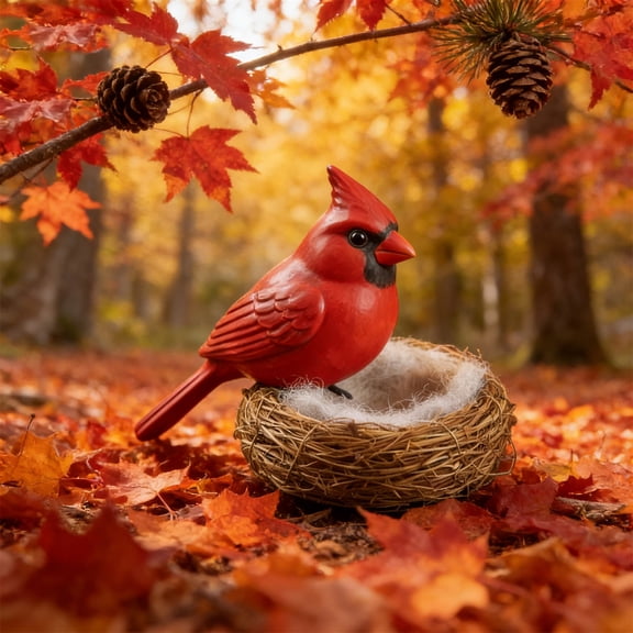 AURIGATE Red Cardinal Bird Figurine with Nest, Resin Fall Decor for Home, Tabletop, Thanksgiving & Holiday Displays