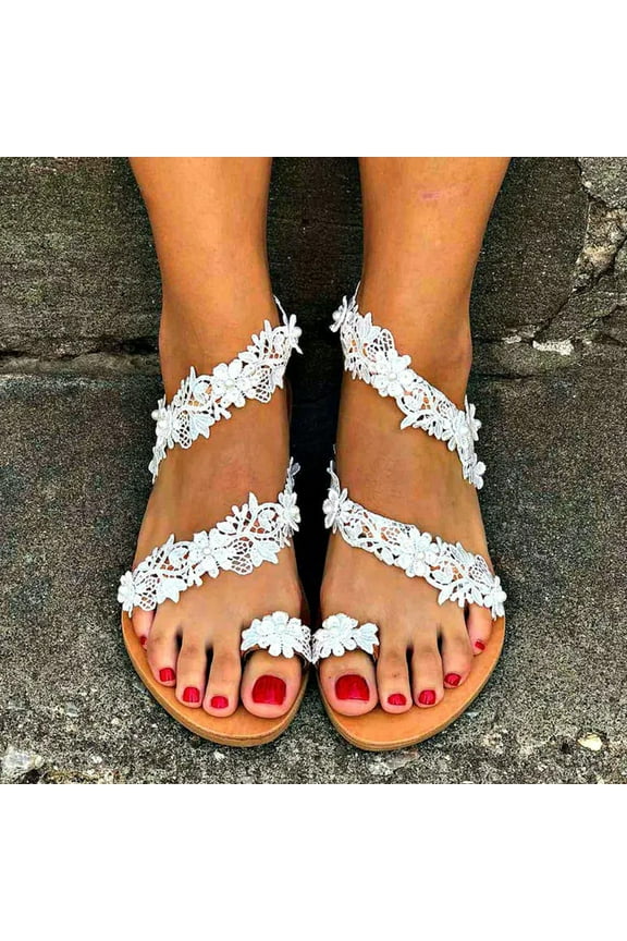 Sandals for Women Dressy Summer Boho Flower Lace Pearl Flat Sandals Open Toe Embroidered Flowers Casual Beach Sandals Comfy Roman Shoes with Ankle Strap Sandal for Beach Vacation