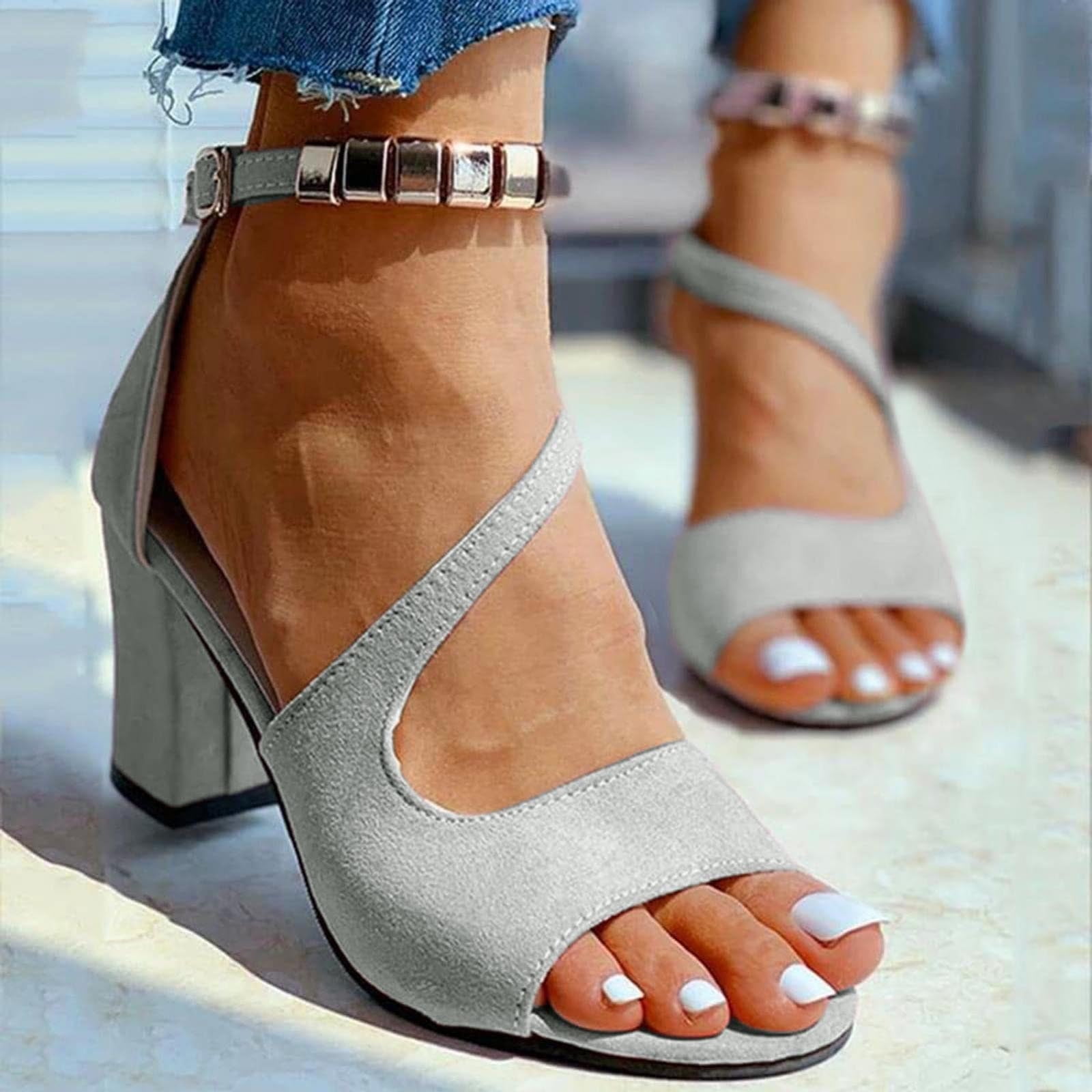 SBYOJLPB Women's Shoes Metal Chain Diamond Shiny Block High Heel Pumps  Ankle Strap Casual Square Toe Sandals Black 8.5(41) - Walmart.com
