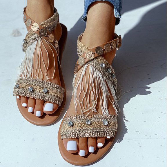 AURIGATE Sandals with Tassel for Women Womens Summer Beach Rhinestone Flat Dress Sandals Comfortable Gladiator Bohemia Slip On Flat Sandals Shoes