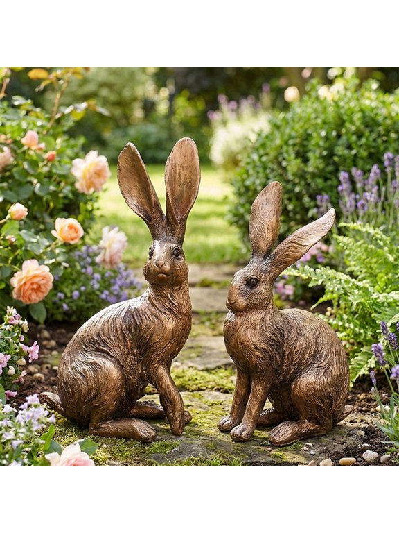 Set of 2 Bronze-Effect Rabbit Garden Statues - Weather-Resistant Resin Hare Sculptures for Outdoor Yard, Patio & Lawn Decor
