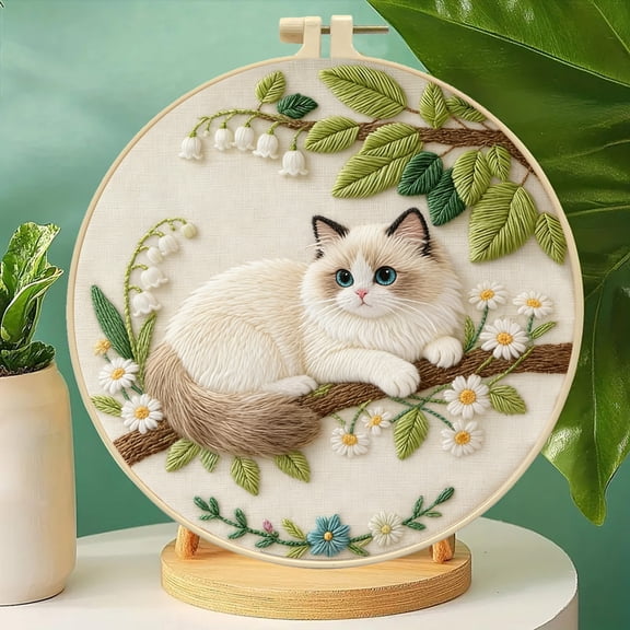 AURIGATE Spring Cat Embroidery Kit, DIY Cross-Stitch Material Package for Living Room Wall Art, Handmade Hanging Painting Home Decor Gift