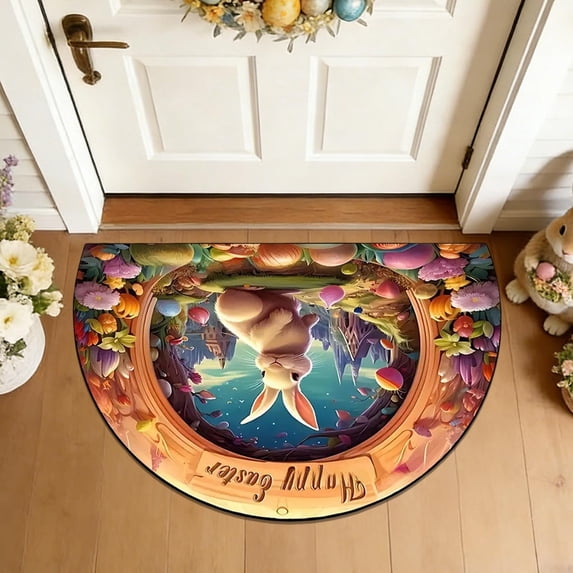 AURIGATE Stained Glass Easter Cross Semicircular Polyester Doormat,Non-Slip Stain-Resistant Entryway Rug: Washable Welcome Mat for Front Door, Porch & Easter Home Decor