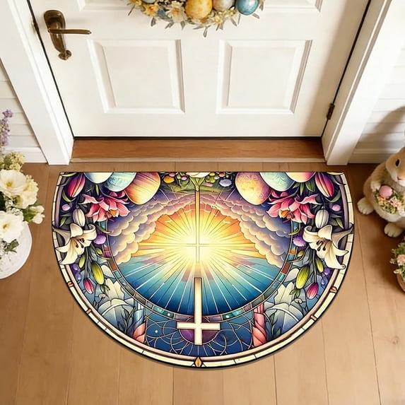 AURIGATE Stained Glass Easter Cross Semicircular Polyester Doormat,Non-Slip Stain-Resistant Entryway Rug: Washable Welcome Mat for Front Door, Porch & Easter Home Decor
