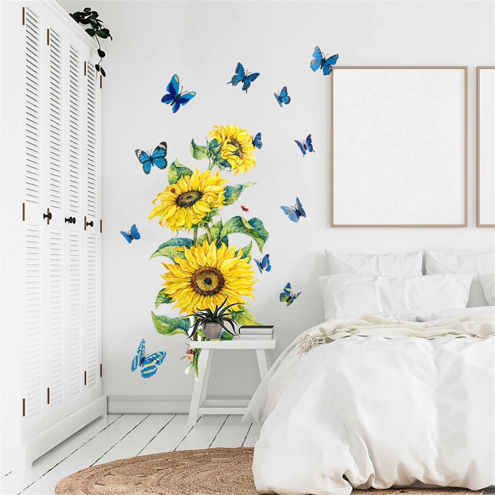 AURIGATE Sunflowers Wall Decals with 1 Set 3D Butterfly Wall Stickers, Flying Blue 3D Butterflies Yellow Flowers Wall Stickers, Removable DIY Art Decor Murals Home Decoration for Bedroom, Nursery, TV