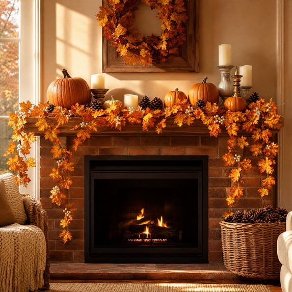 AURIGATE Thanksgiving Halloween Maple Leaf Garland 78.74 in Plastic Fall Vine for Mantel Table Decor