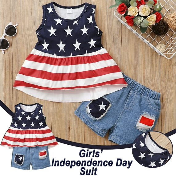 AURIGATE Toddler Baby Girl Dress Summer Girls Independence Day Sleeveless Striped Skirt Denim Shorts 2pcs Suit