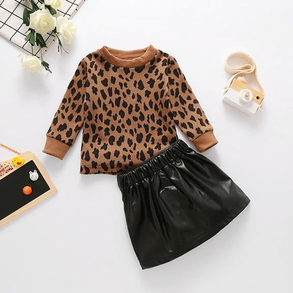 AURIGATE Toddler Baby Girl Dress Toddler Baby Girls Leopard Print Pullover Tops Artificial Leather Skirt Set