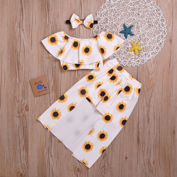 AURIGATE Toddler Baby Girl Dress Toddler Baby Girls Sunflower Print Ruffle Bow Flowers Hakama Three-piece Suit