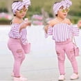 thumbnail image 1 of AURIGATE Toddler Infant Baby Girl Ruffle Sleeve Stripe Blouse Hollow Out Jeans Pants Outfits Set, 1 of 5
