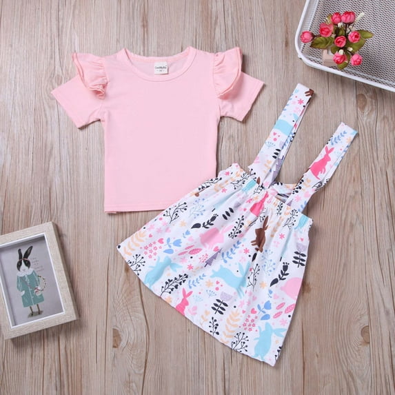 AURIGATE Tutu Skirt for Newborn Toddler Girl Easter Clothes Short Sleeve T-shirt Rabbit Print Sling Skirt Set
