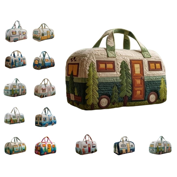 AURIGATE Vintage Camper RV Quilted Travel Duffle Bag, Soft Cloth Medium Capacity Weekend Overnight Carry On Bag for Camping Road Trip Home Storage