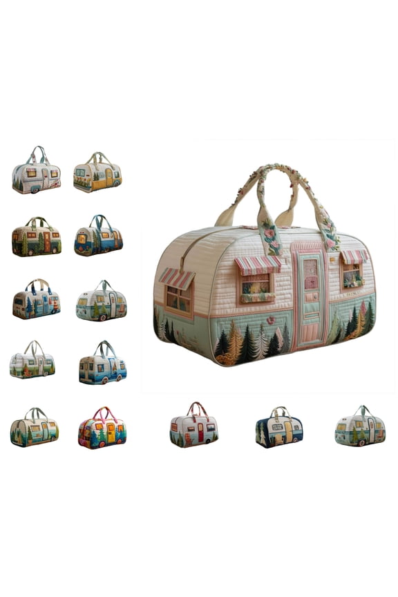Vintage Camper RV Quilted Travel Duffle Bag, Soft Cloth Medium Capacity Weekend Overnight Carry On Bag for Camping Road Trip Home Storage